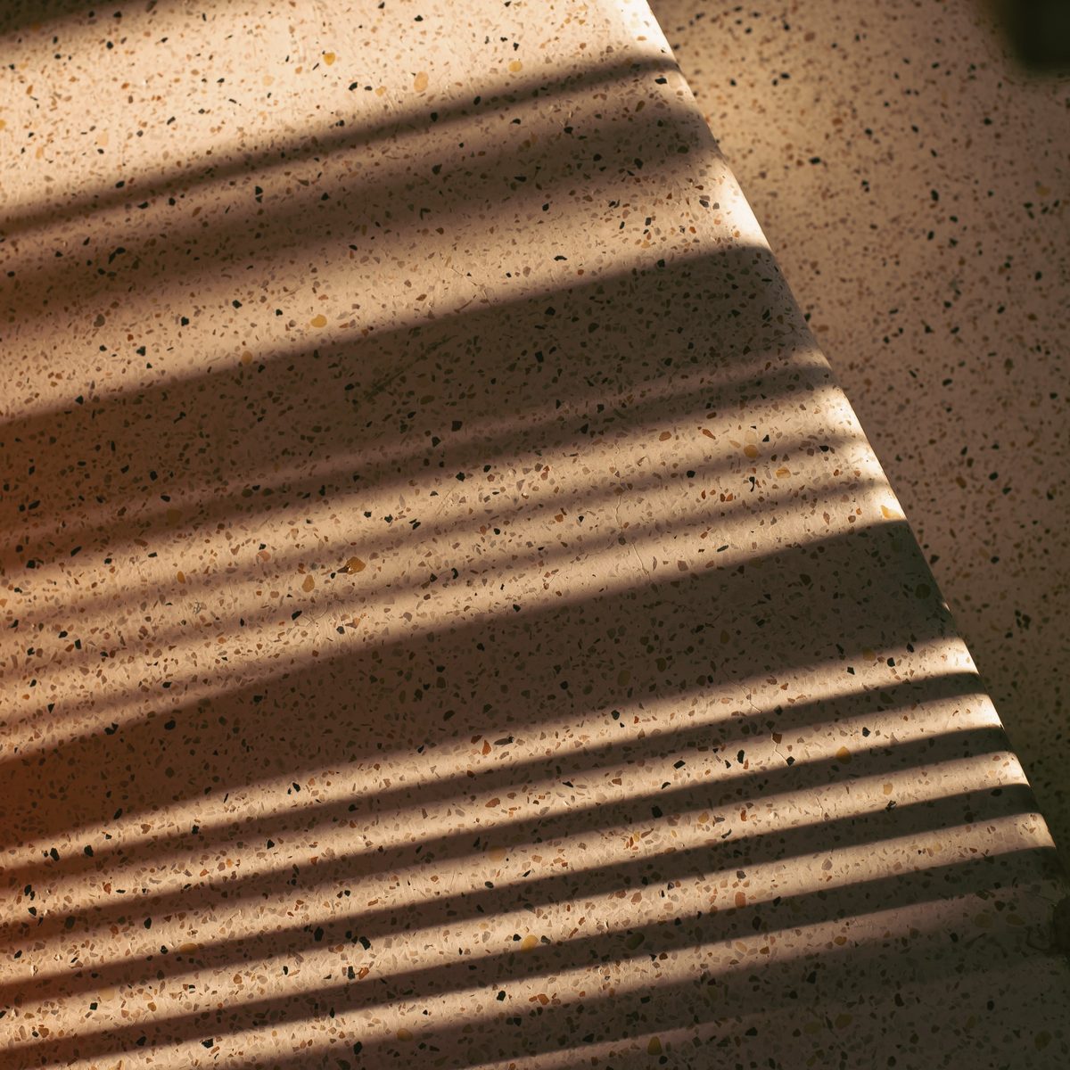 Terrazzo steps striped with the shadow of a railing in warm sun.
